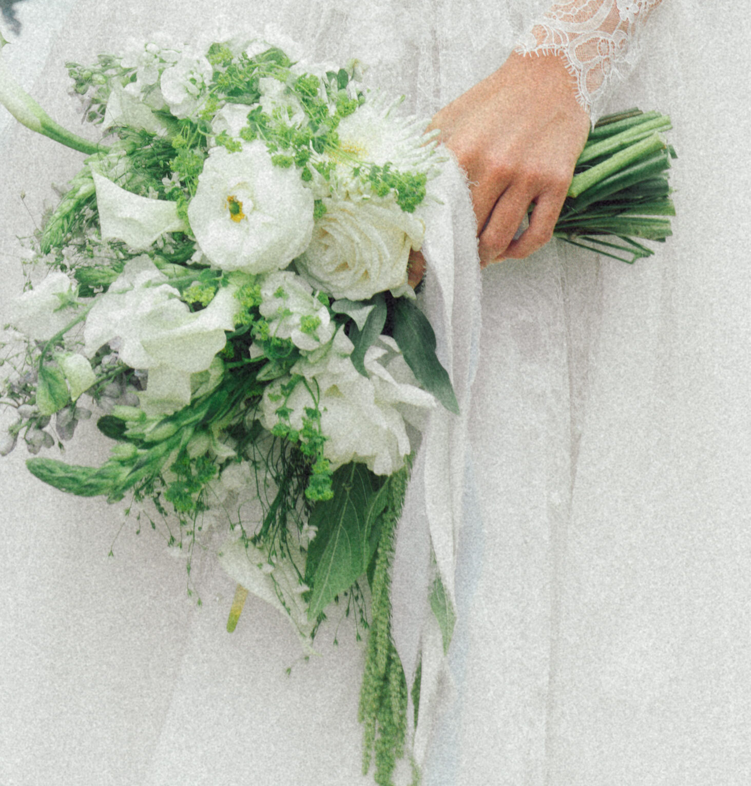 Bridal bouquet featuring white flowers and lush greenery for a romantic Tuscany wedding.